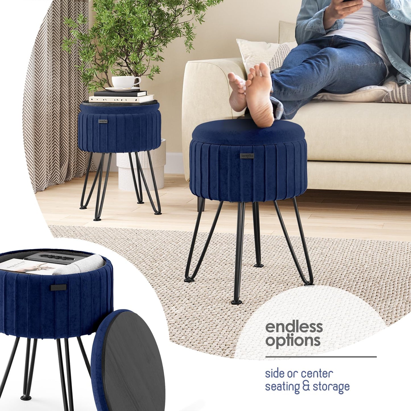 STORAGEBUD Round Ottoman with Storage, Pleated Velvet Storage Ottoman, Foot Stool Ottomans, Makeup Vanity Stool, Small Ottomans Foot Rest, Modern Vanity Stools for Living Room and Bedroom, Blue