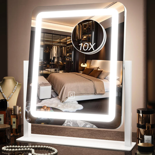 VEIOBFSA 15" x 13" Makeup Mirror with Lights, Vanity Mirror with Lights and Magnification, 3 Color Modes, Dimmable Brightness and Memory, Desk Mirror with Light for Makeup，White Lighted Vanity Mirror