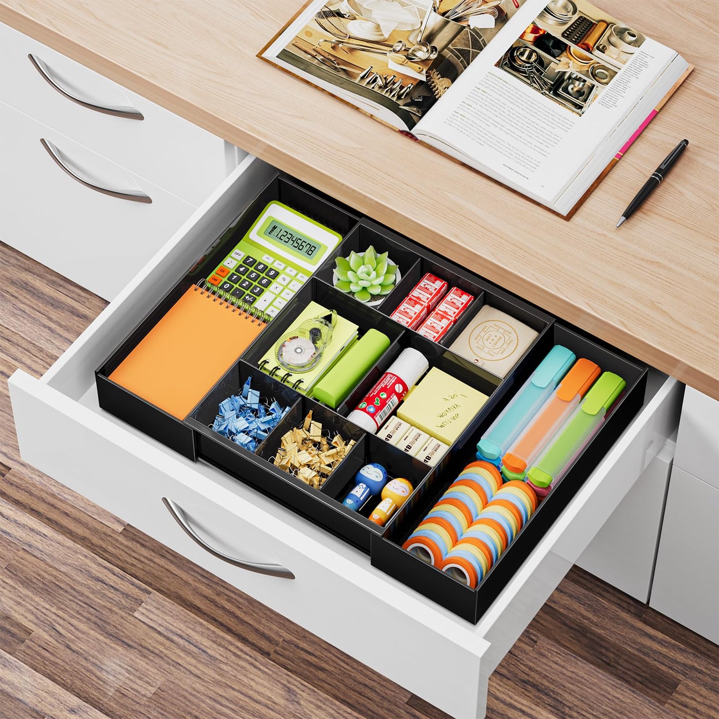 Marbrasse Expandable Desk Drawer Organizer, Clear Plastic Drawer Organizer Tray with 10 Adjustable Compartments, Desk Organizers and Accessories, 5 Drawer Dividers for Office Supplies, Makeup(Black)