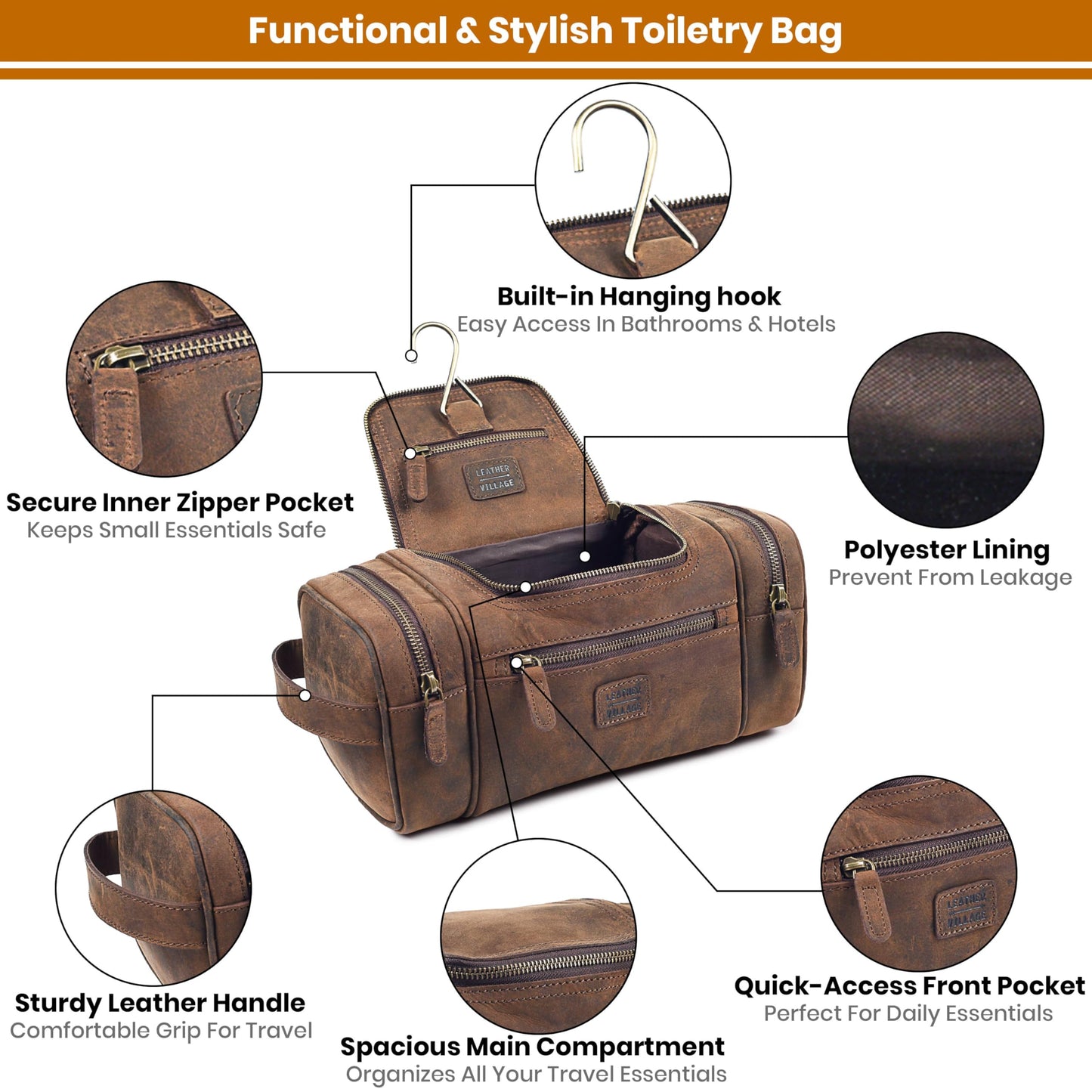 LEATHER VILLAGE Genuine Leather Travel Dopp Kit for Men & Women – Water-Resistant Large-Capacity Hanging Toiletry Bag for Travel, Grooming, Bathroom Organization, Shaving Essentials & Gym Use - Brown