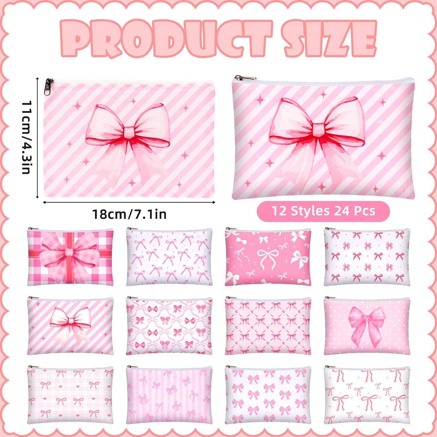 Bafeil 24 Pcs Pink Bow Makeup Bag Bulk Coquette Cosmetic Bags for Women Preppy Pouches with Zipper Travel Toiletry Bags Bow Themed Gifts Accessories for Birthday Wedding Party Favor Valentine's Day