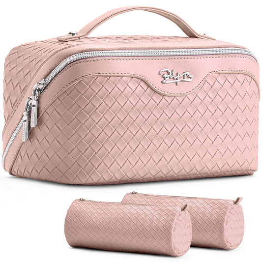 BOYATU Travel Makeup Bag Cosmetic Bags for Women: Large Capacity 3 Pcs Set Make up Bag with Compartments - Waterproof Vegan Leather Toiletry Organizer Bags with Handle (L04 Light Pink)