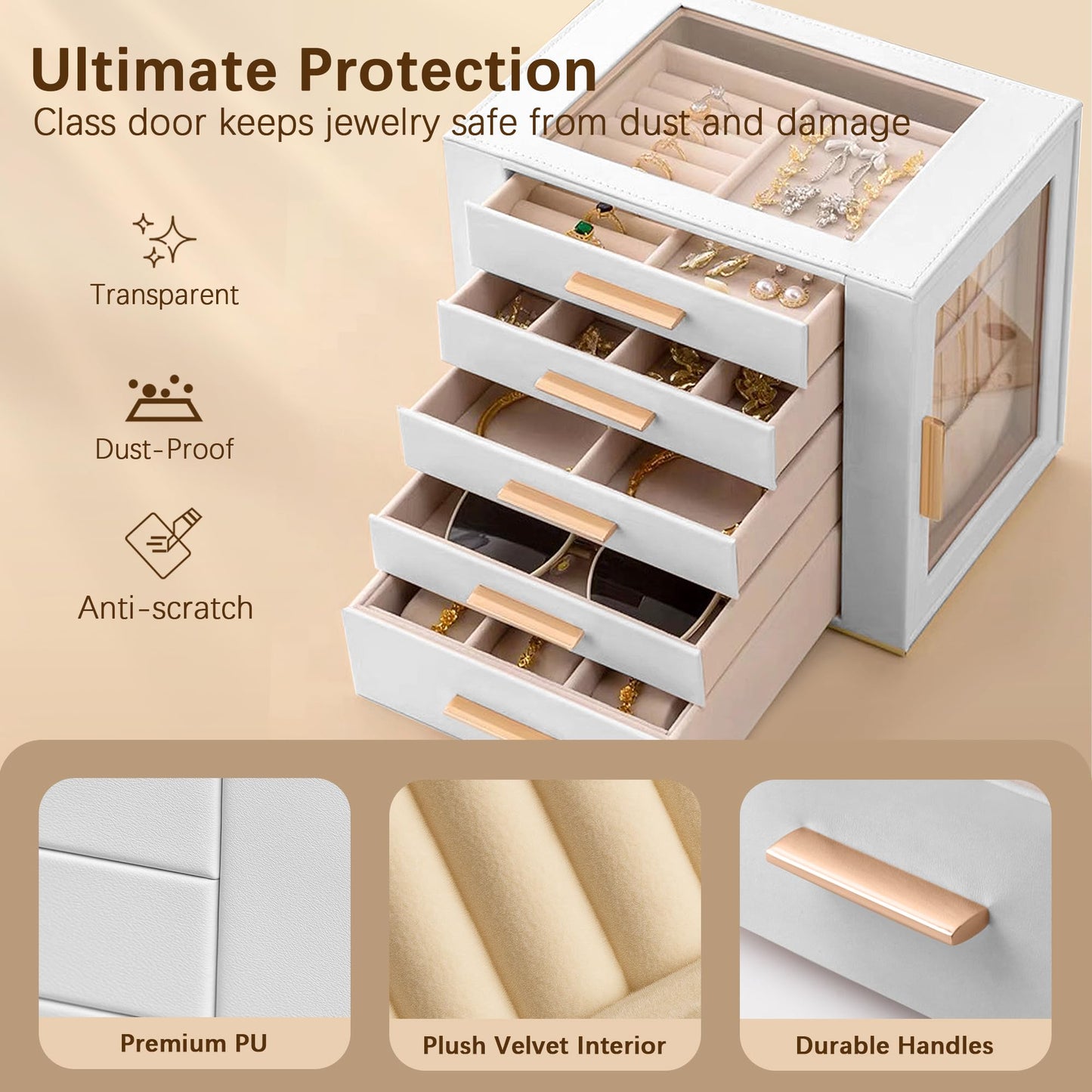 Homeanda Jewelry Box for Women with Glass Lid, 5 Drawers Jewelry Organizer and Storage for Necklaces, Rings, Earrings, Bracelets, Gift for Girls and Teens,PU Leather (White)