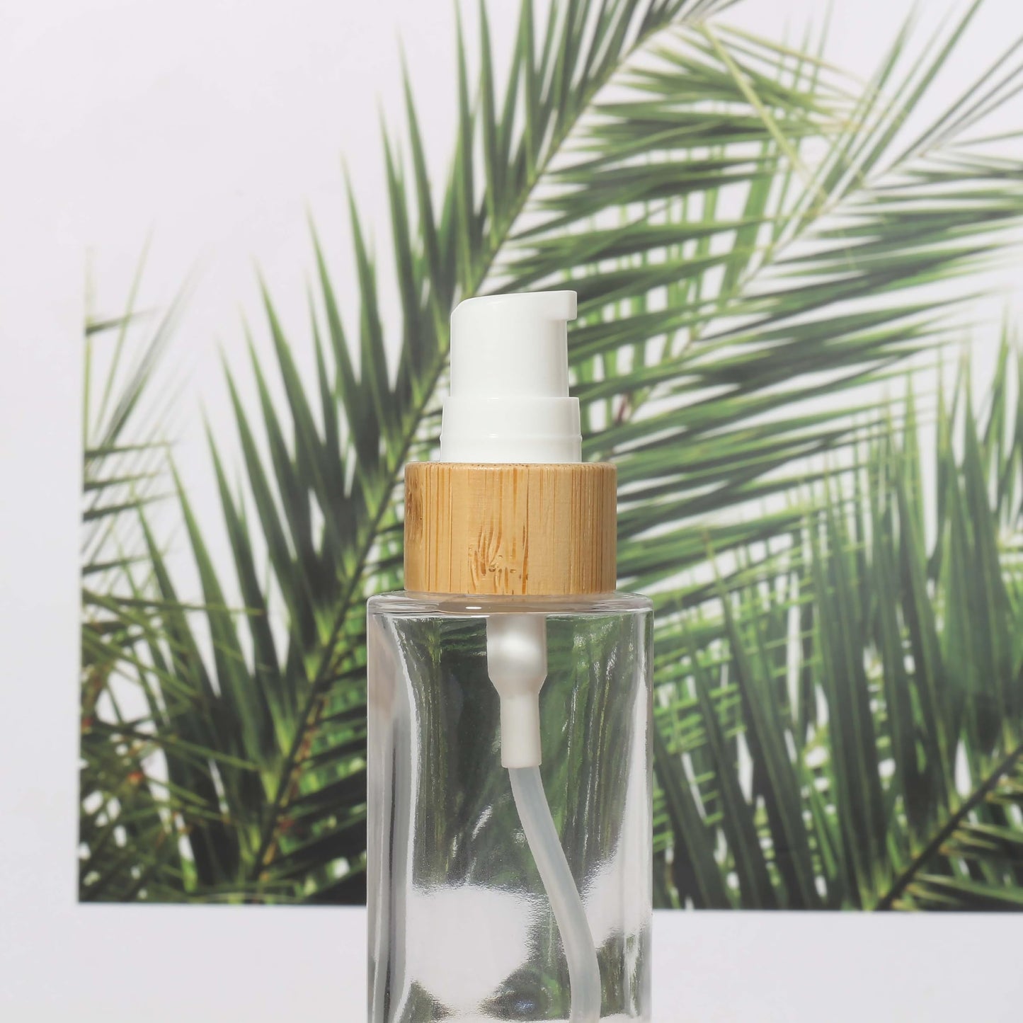 COSIDEA 6 pcs Empty 1.67oz / 50ml bamboo lids Clear glass bottle with lotion pump dispenser, refillable emulsion cosmetic cream Serum bottles, toiletries refill travel container