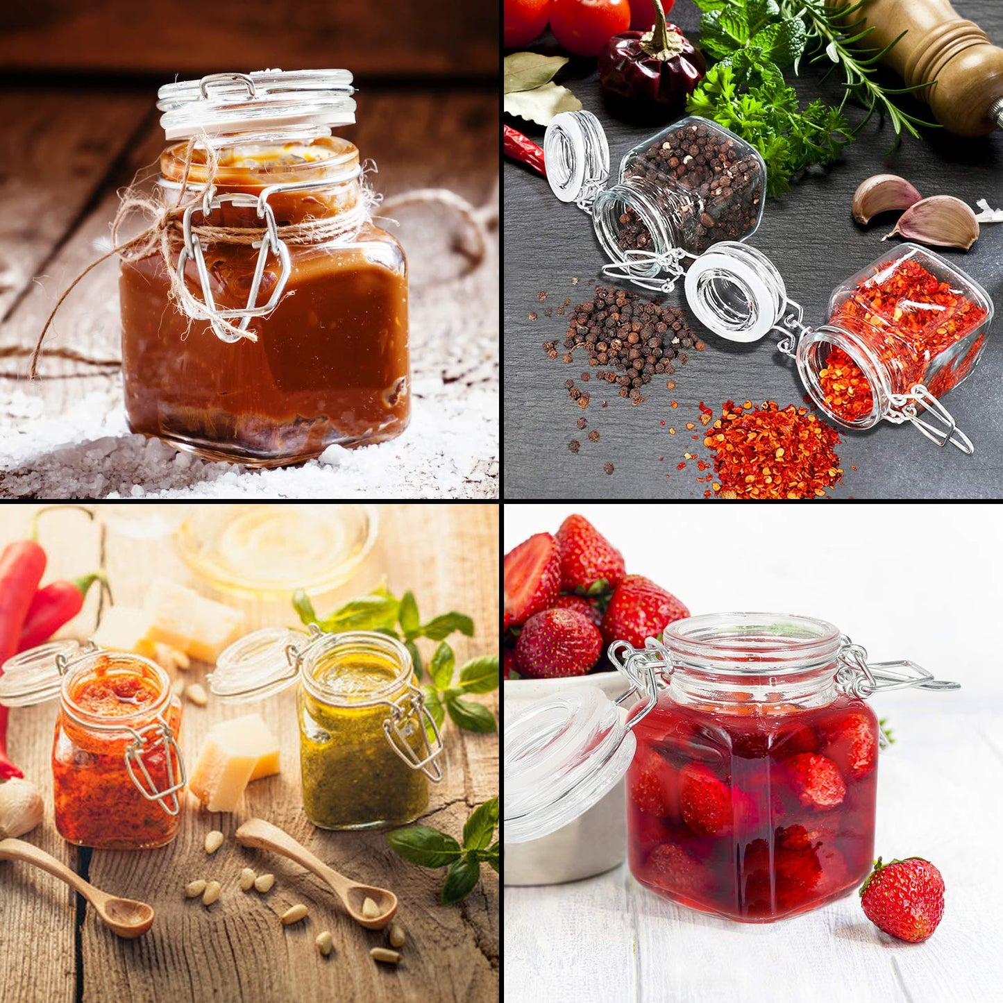 DHSBTLS 4 oz Mini Square Spice Jars, 24 Pack Glass Mason Jars with Airtight Hinged Lid, Leak Proof Storage Container for Spices, Honey, Food Bottles with Silicone Funnel and 40 Labels &Chalkboard Pen