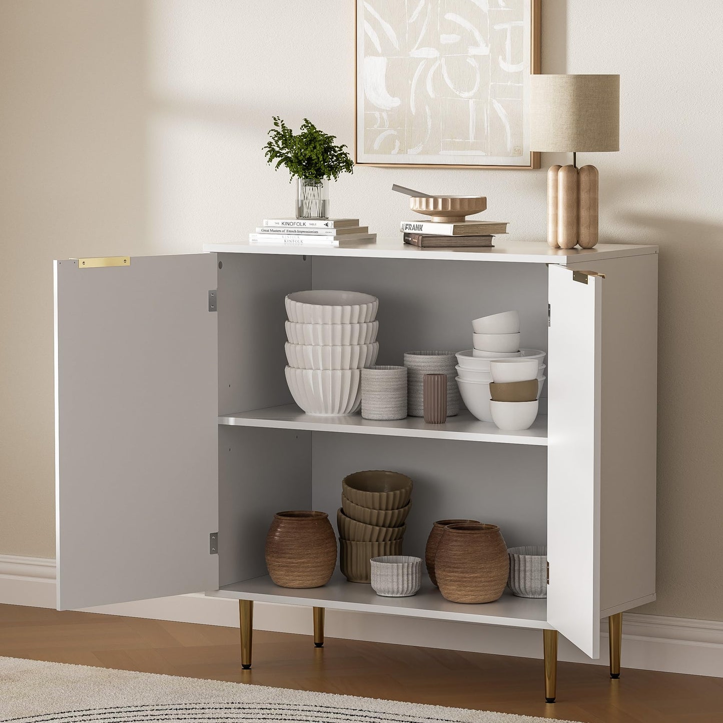 Housoul Fluted Cabinet with Storage, 2 Doors Sideboard Buffet, Modern Accent Cabinet with Adjustable Shelves, Entryway Cabinet for Dining Room, Living Room, Kitchen, White