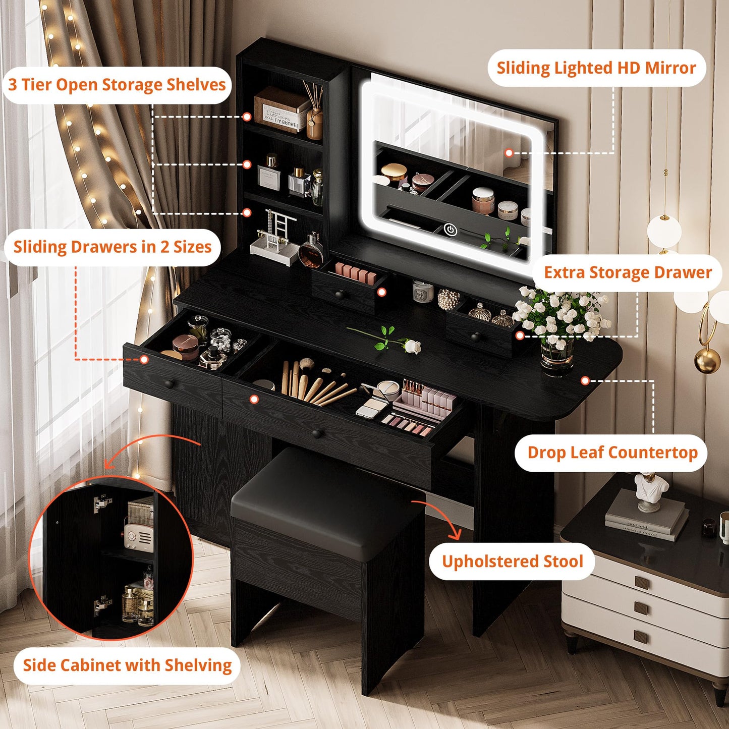LIKIMIO Vanity Desk with Drawers & LED Lighted Mirror & Power Outlet & Cabinet, Storage Stool, Stylish Bedroom Makeup Table Set, Modern Black