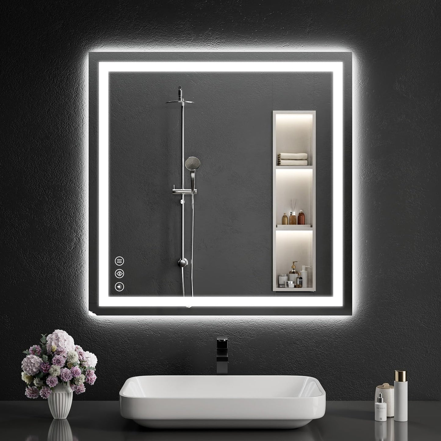 WISSMIELS 30"x30" LED Bathroom Mirror with Lights, Dimmable，Anti-Fog，Bathroom Vanity Mirror for Wall, Backlit + Front Lit, Memory Function, Shatter-Proof，Tempered Glass