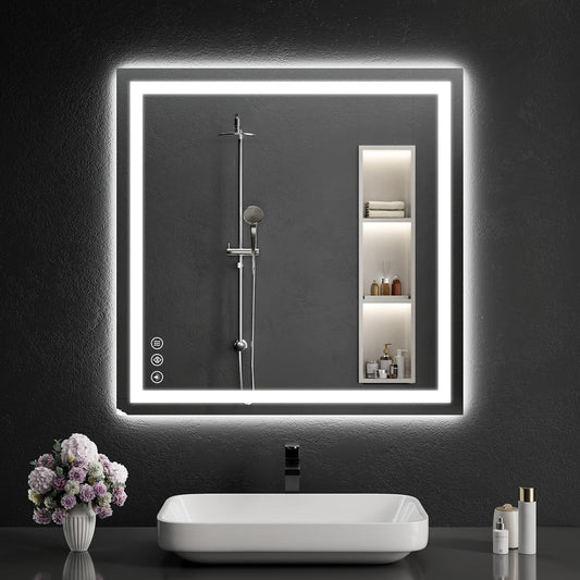 WISSMIELS 30"x30" LED Bathroom Mirror with Lights, Dimmable，Anti-Fog，Bathroom Vanity Mirror for Wall, Backlit + Front Lit, Memory Function, Shatter-Proof，Tempered Glass