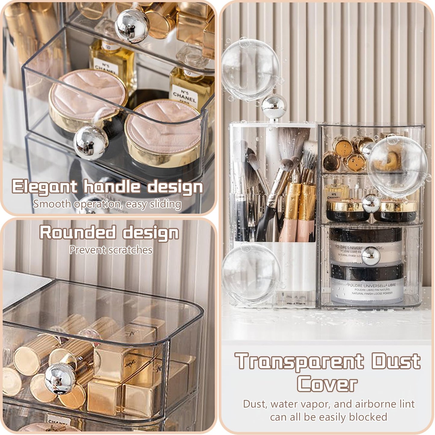 Oskrieel PET Makeup Organizer with Press Pop-Out Compartment & 3 Drawers, Clear Cosmetic Storage Box for Vanity Countertop, Bathroom Small Item Organization