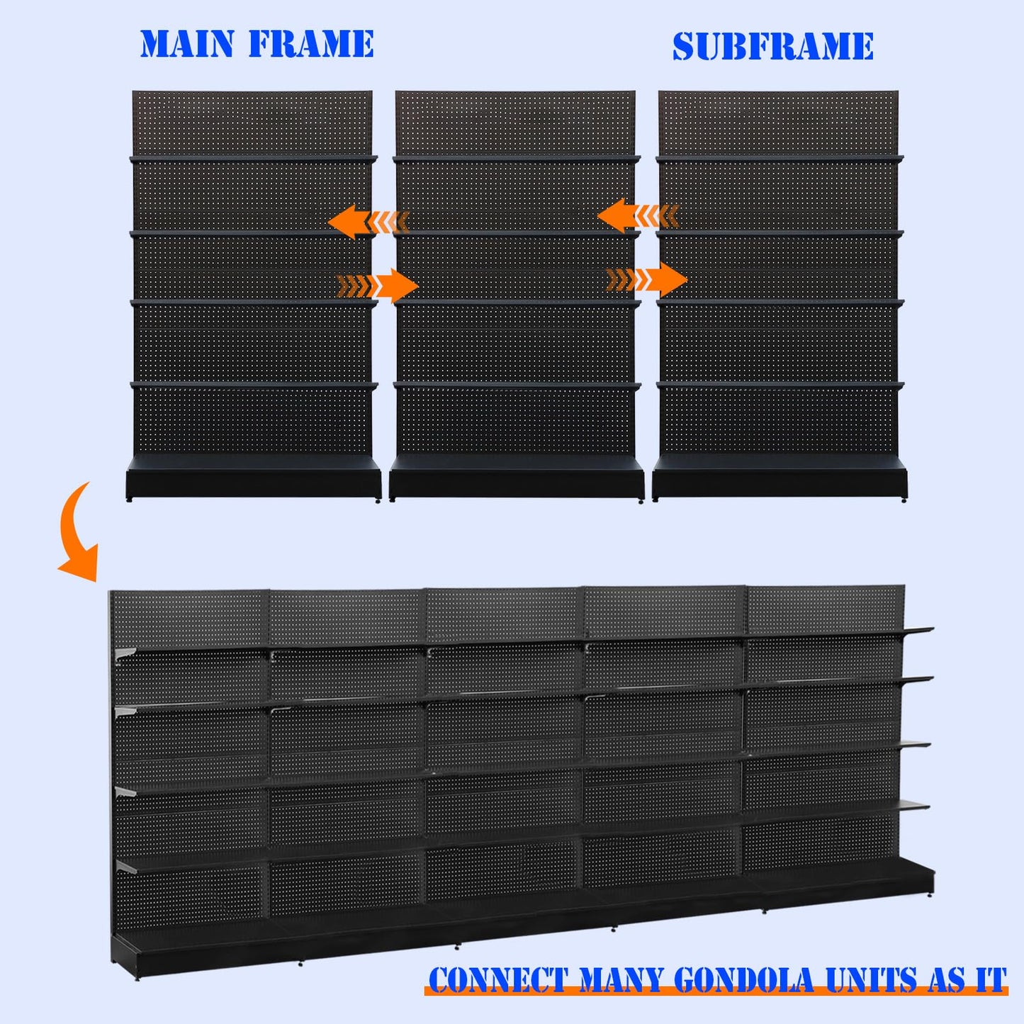 NectaCol Pegboard Display Stand 4'W x 6.5‘H, Gondola Retail Shelving Wall Display for Convenient Grocery Office Supply and Liquor Stores, Single Side Peg Board Panel No Including 4 Shelves