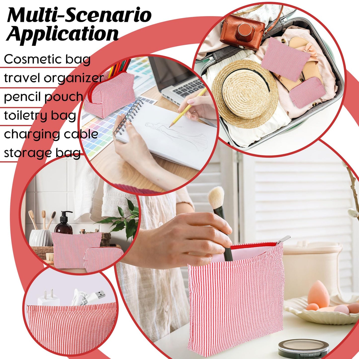 Huhumy 2 Pcs Makeup Bag Set Cute Cosmetic Pouch for Women Seersucker Travel Toiletry Bag Preppy Small Makeup Purse Pouch Aesthetic Skincare Brushes Storage Organizer for Valentine Women(Red)