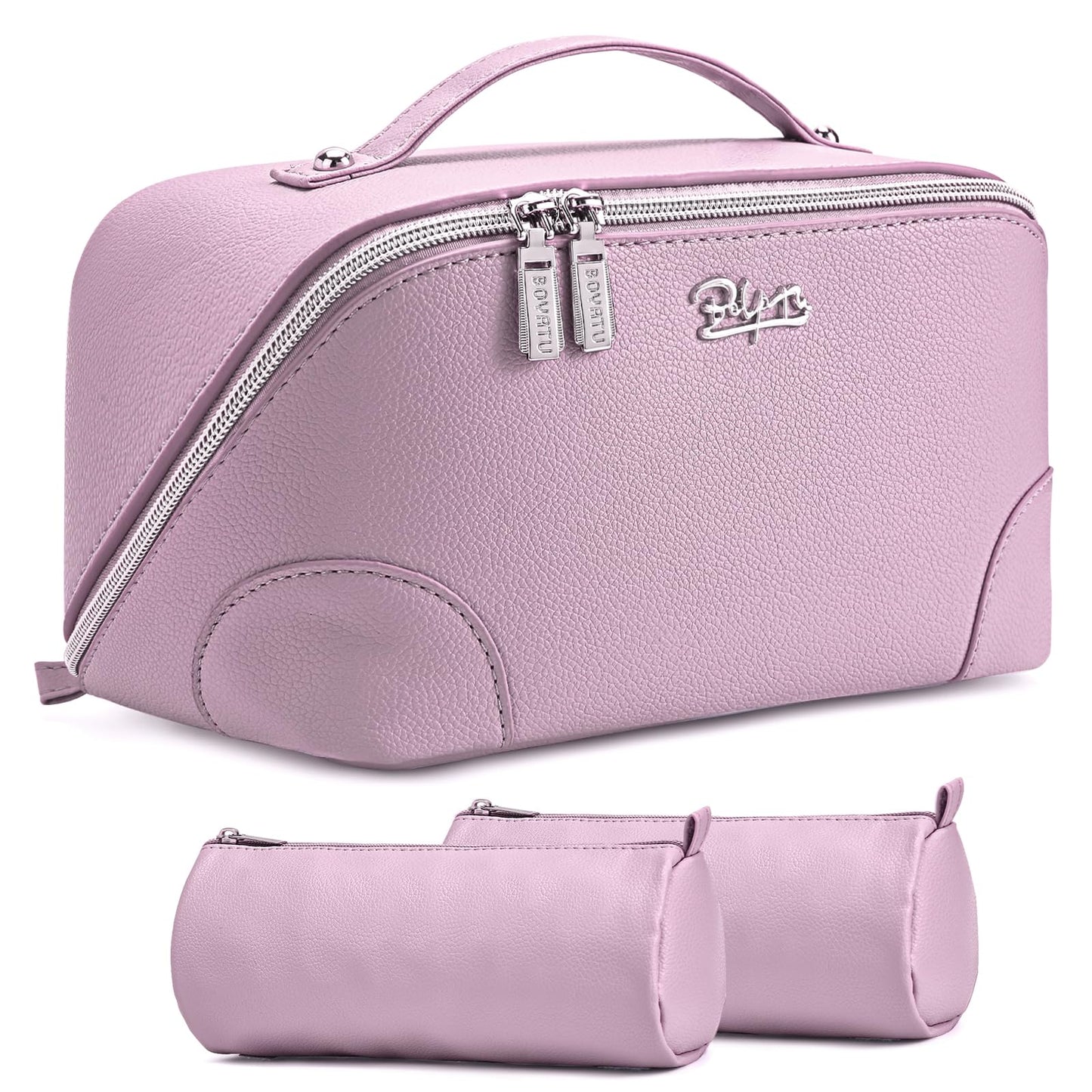 BOYATU Travel Makeup Bag Cosmetic Bags for Women: 3 Pcs Set Large Capacity Make up Bag with Handle - Waterproof Vegan Leather Toiletry Bags Travel Essentials with Compartments(C-4-Purple)