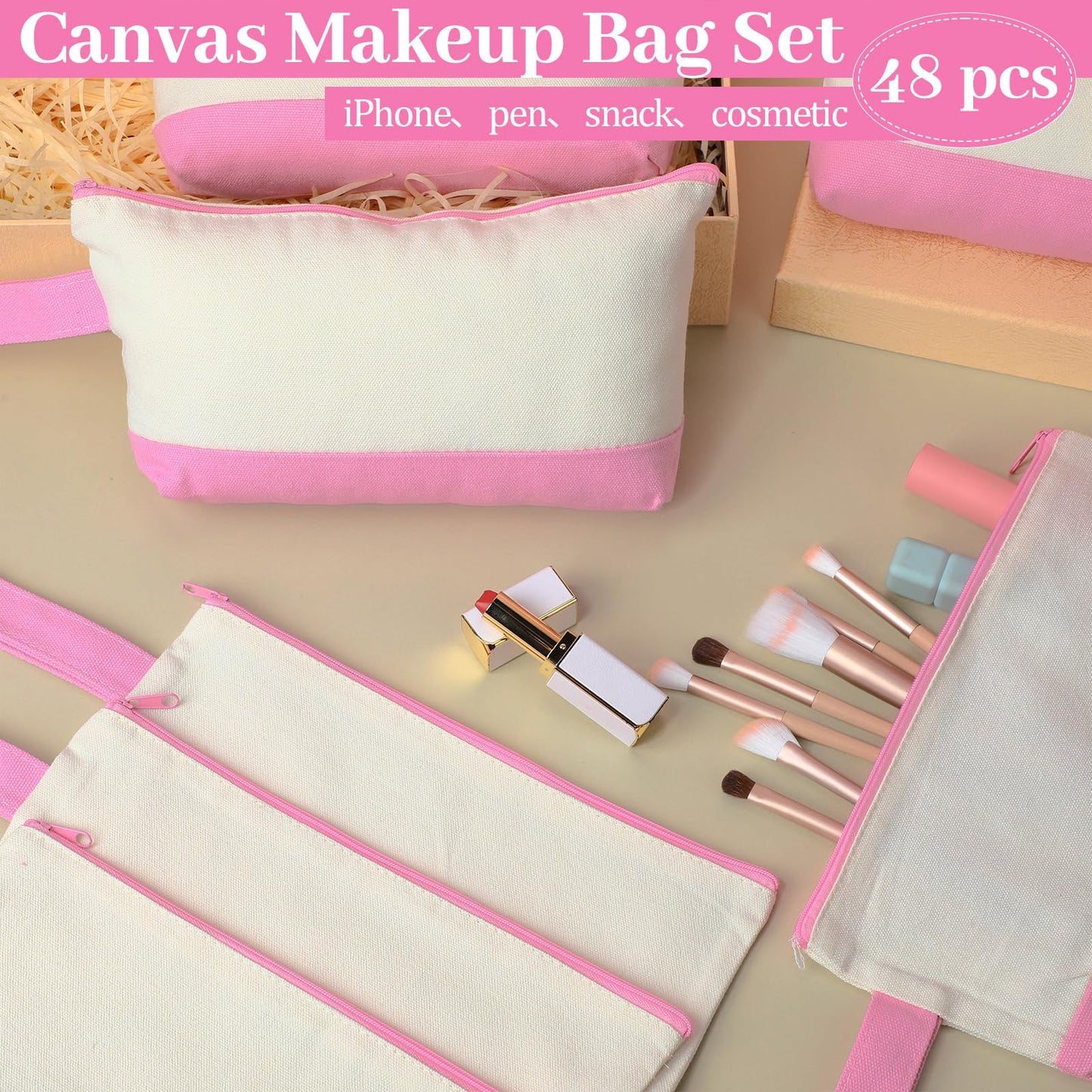 Silkfly 48 Pcs Cotton Canvas Makeup Bags Cosmetic Zipper Bags 10.2 x 5.5 x 2'' Blank DIY Pouch Bulk Pencil Case with Bottom Travel Toiletry Pouch for Women Craft Decor Gift (Beige and Pink)