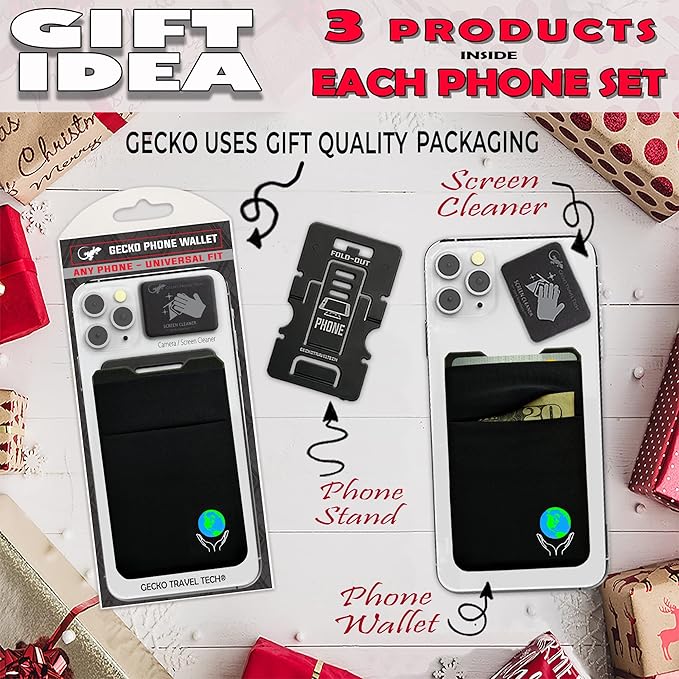 Gecko Travel Tech Double Pocket - Adhesive Card Holder - Cell Phone Pouch - Stick on Spandex Pocket - Carry Credit Cards and Cash (Earth Black)