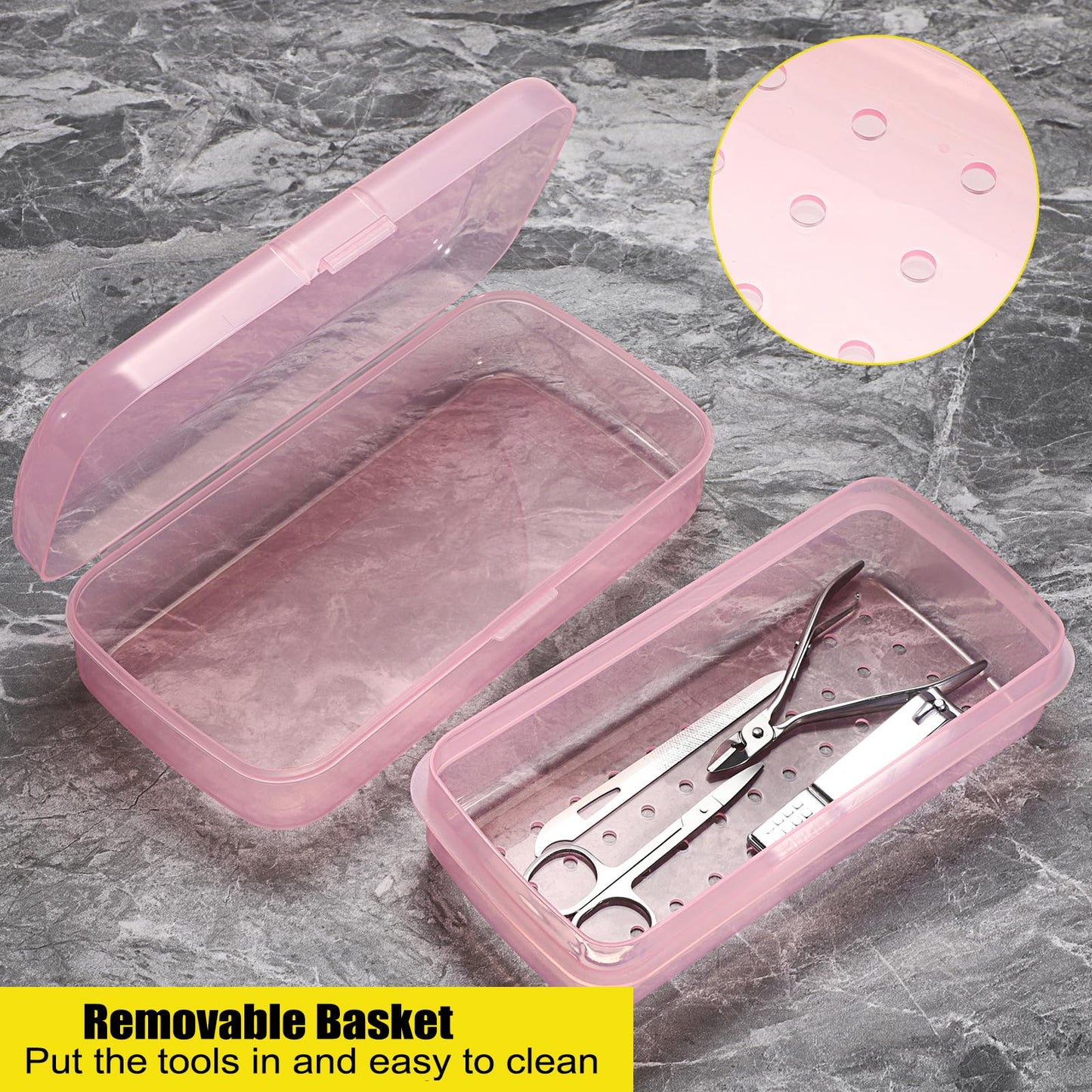 JUXYES Plastic Sterilizing Tray for Nail Art Accessories Tools, Portable Nail Art Tool Sterilizer Tray with Strainer, Fully Transparent Storage Box Organizer for Tweezer, Manicure Tools