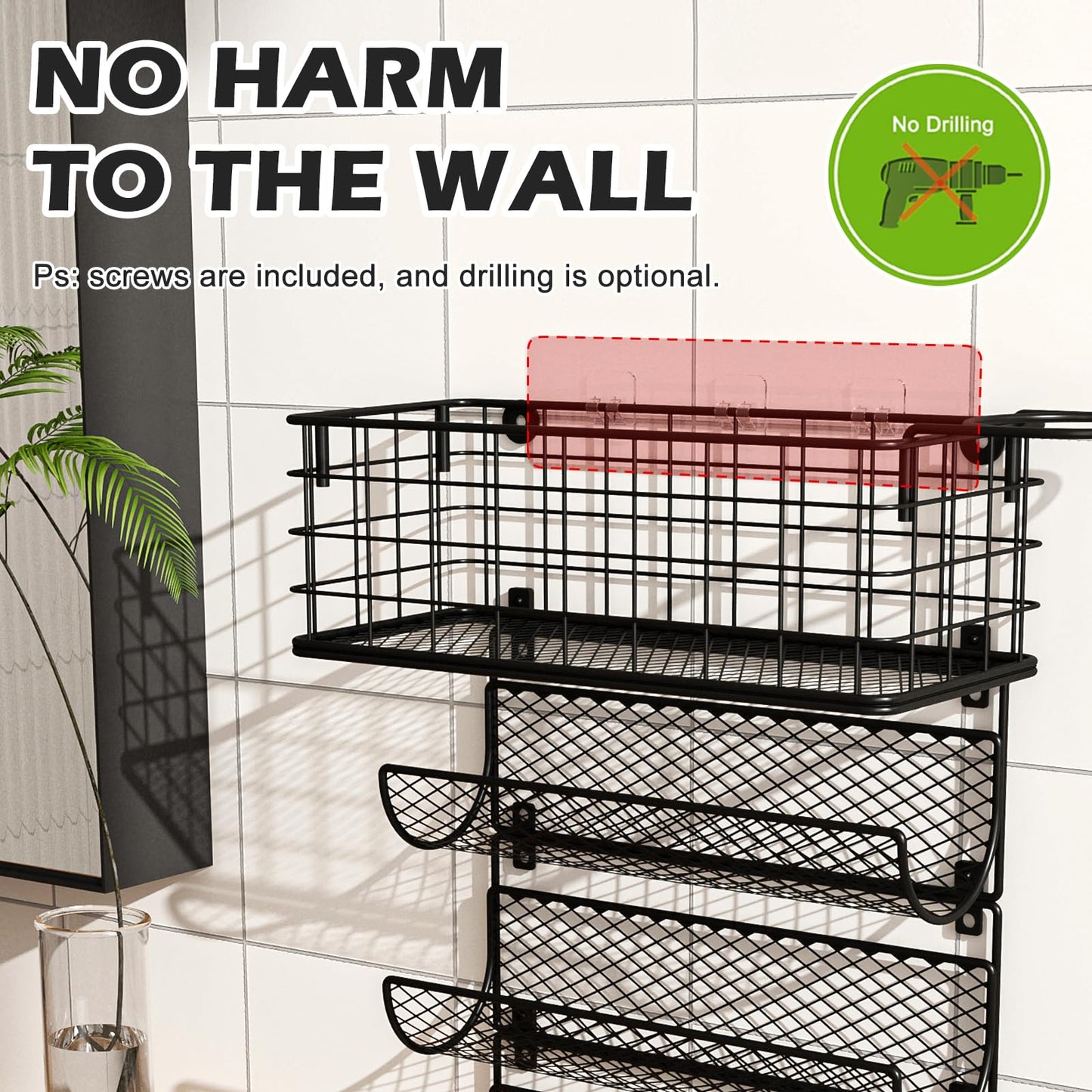 Wall-Mounted Hair Dryer Holder Styling Tool Organizer 4-Shelf Storage Wire Basket with Hook Heat Safe Rack for Hair-Straighteners,Curling Wands,Flat Iron,Perfume,Cabinet Door Bathroom Kitchen