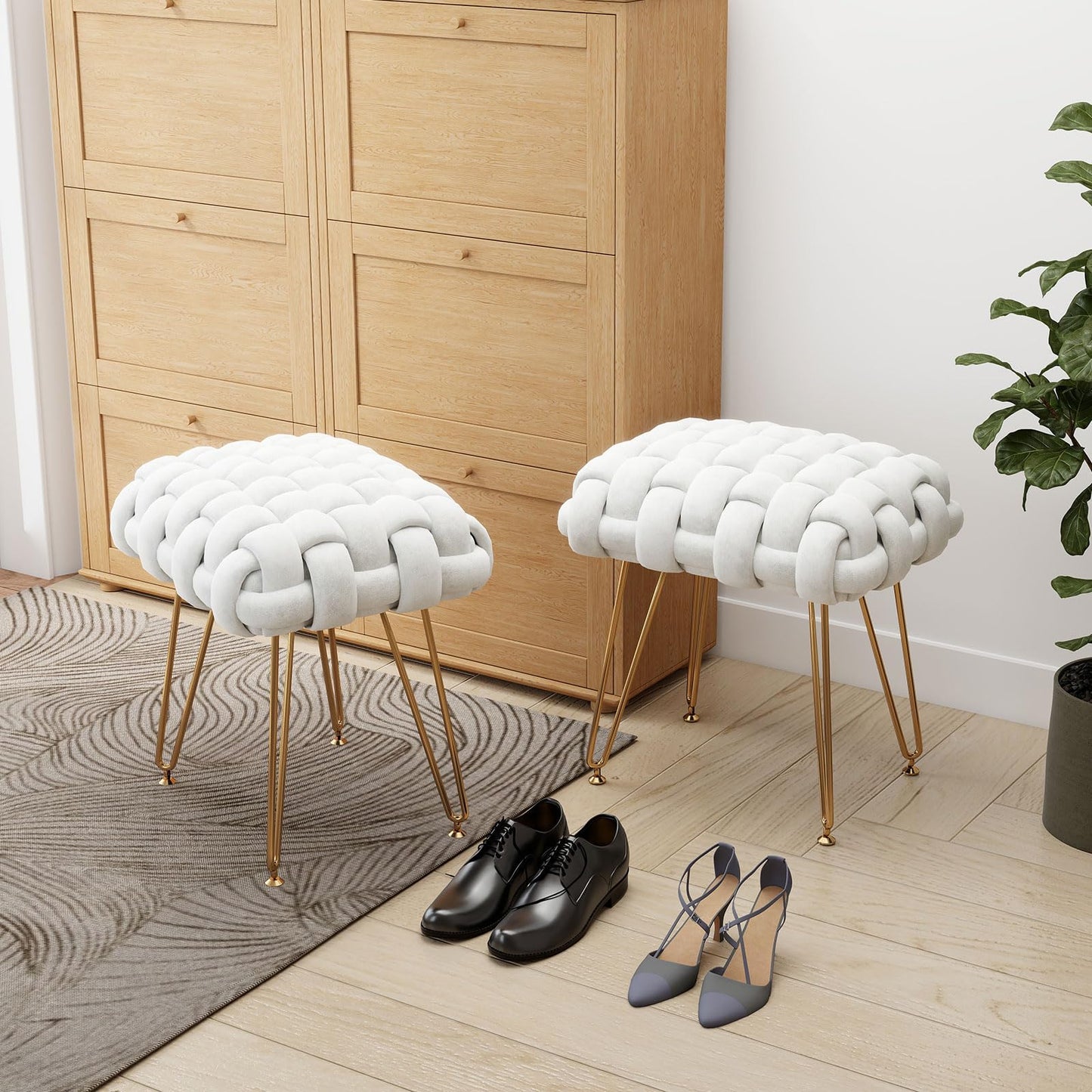 Sefulei Upholstered Velvet Vanity Stool, Hand-Woven Makeup Vanity Chair with Gold Metal Legs, Modern Foot Stool Ottoman for Living Room Bedroom, Easy Assembly (White)