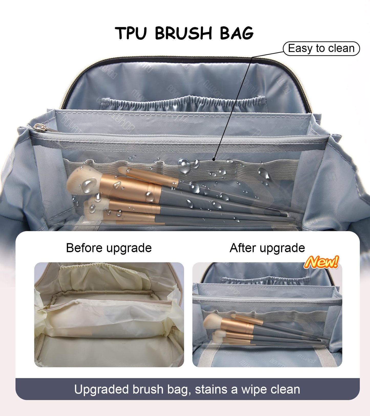 BOYATU Travel Makeup Bags Cosmetic Organizer Bag: 3 Pcs Set Large Capacity Make up Bag with Compartments - Waterproof Leather Toiletry Bags with Handle for Women (B-Blue)