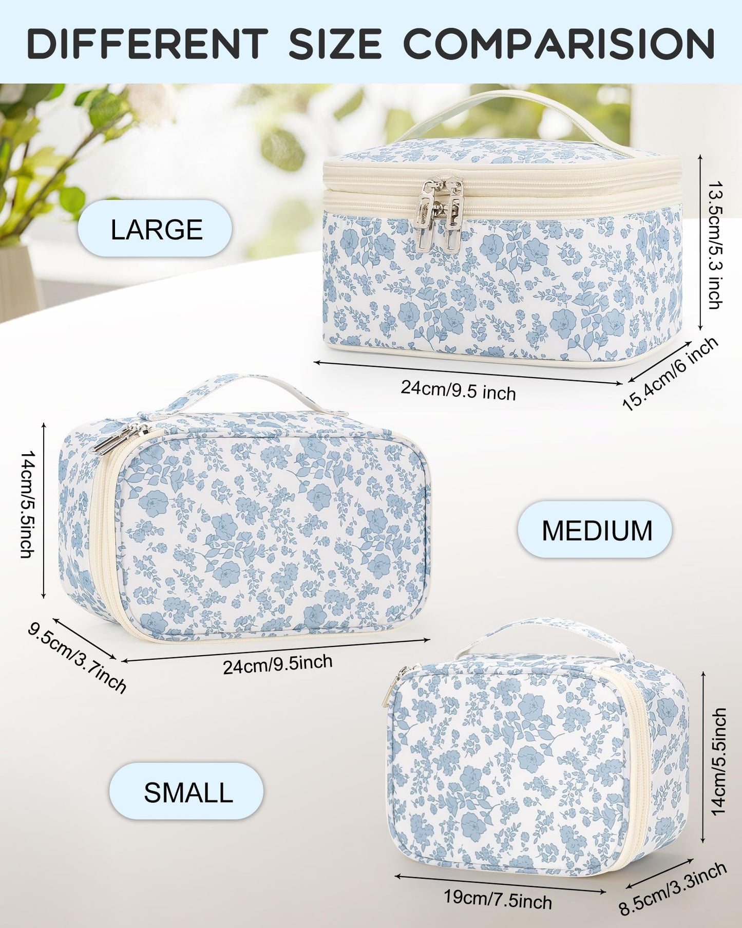Relavel Travel Makeup Bag, Large Floral Cosmetic Bag with Makeup Brush Compartment, Portable Makeup Pouch for Women, Double Layer Makeup Organizer Bag Cute Toiletry Bag