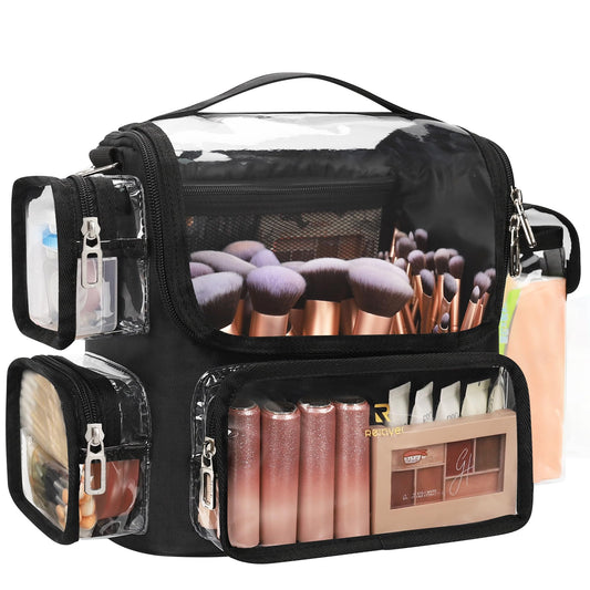 TANTO Makeup Brush Bag & Makeup Brushes Holder, Clear Large Cosmetic Case Professional Makeup Artist Bag Portable Travel Organizer with Adjustable Dividers and Shoulder Strap (Black,Large)