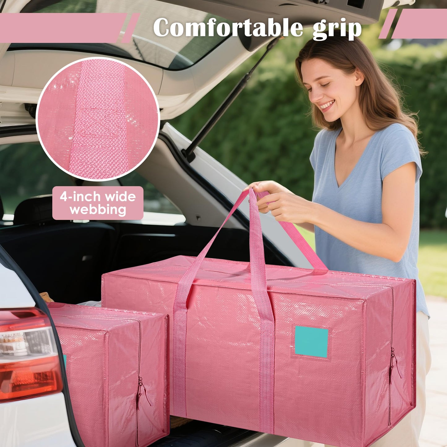 RMOHRO 6 Pack Moving Bags with Full-Open Side Zipper, Extra Large 93L Heavy Duty Waterproof Foldable Storage Totes for College Dorm, Moving & Home Organization Pink