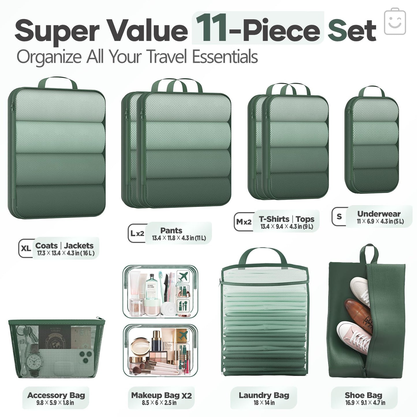 Veken 11-Pack Compression Packing Cubes for Travel Essentials,Compressible Expandable Large Luggage Suitcase Organizer Bags for Clothing,Durable Space Saver Bags with Toiletry Bags(Dark Green)