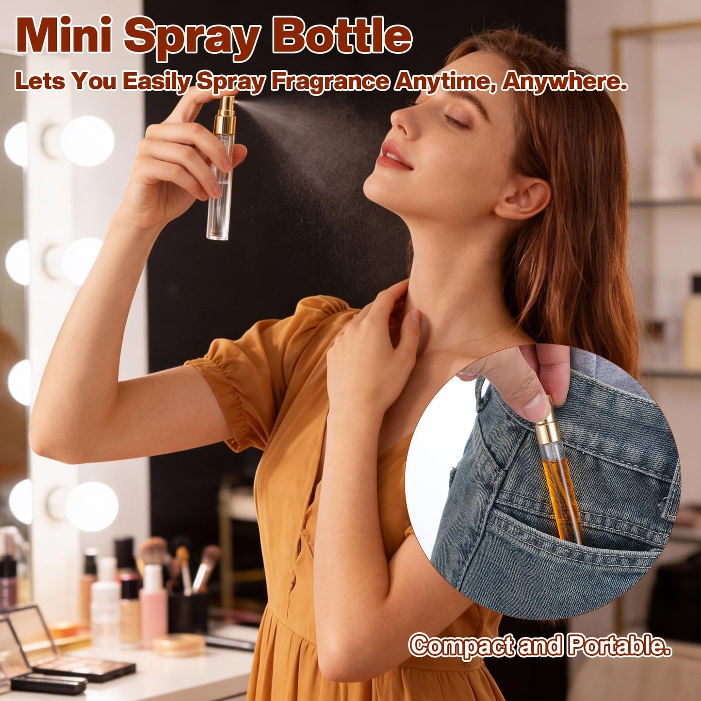AOZUO 50 Pcs 10ml/0.34oz Mini Perfume Bottles Set Includes 2 Funnels and 2 Dispensers, Refillable Glass Spray Bottles Portable Travel Empty Sample Containers Fine Mist Atomizers with Caps, Gold