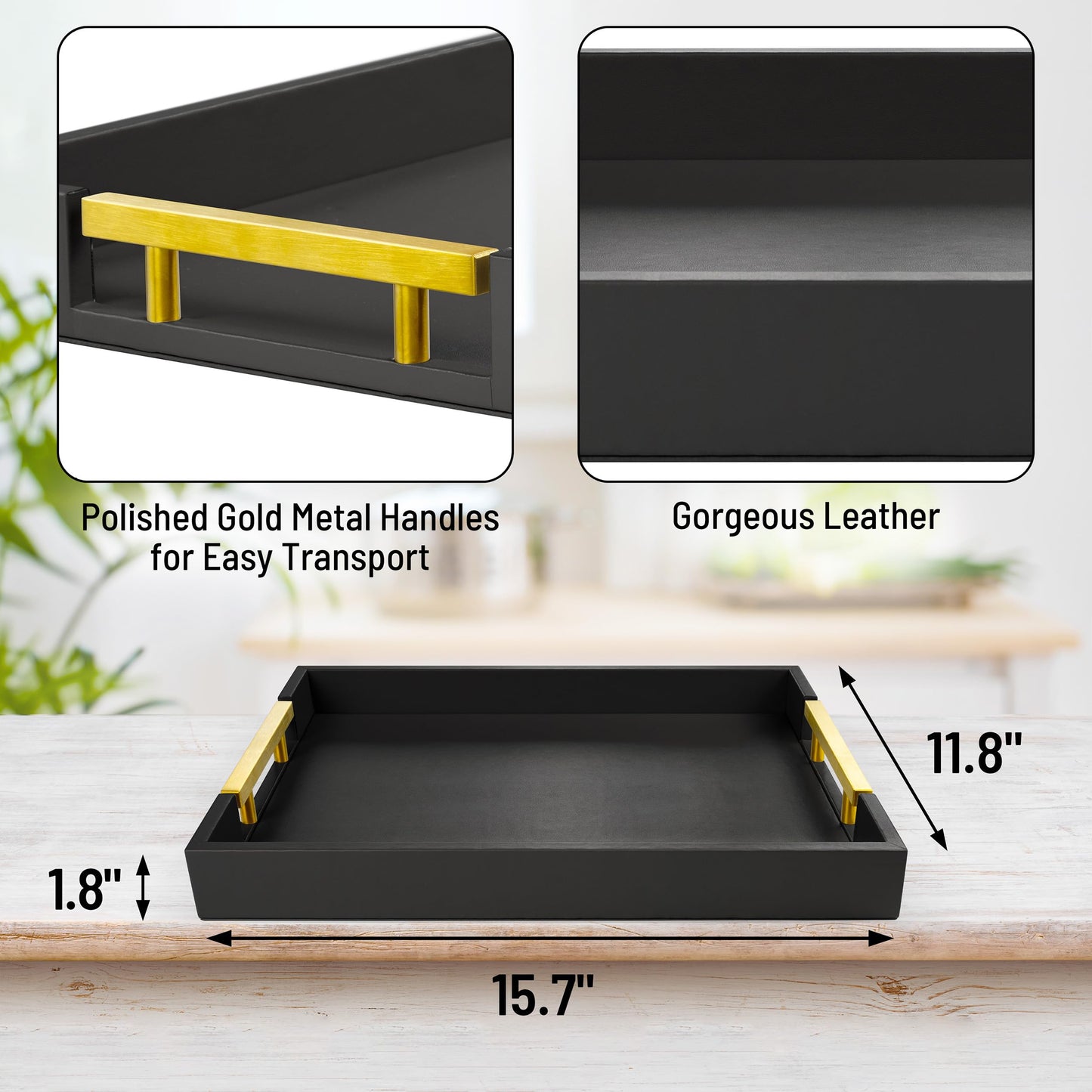 ATZYmolin Leather Serving Tray with Gold Polished Metal Handles, Home Decorative Wooden Rectangle Ottoman Decor Platter Bathroom Vanity Tray for All Occasions Black