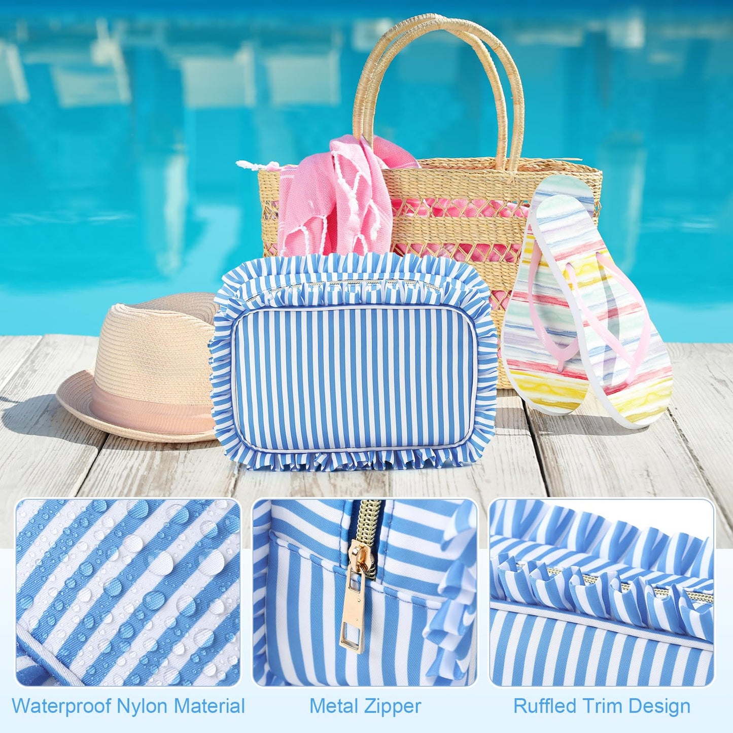 Kigeli Ruffle Makeup Bag Preppy Makeup Pouch Large Travel Cosmetic Bag Nylon Waterproof Toiletry Make up Organizer for Women(Striped,Blue)