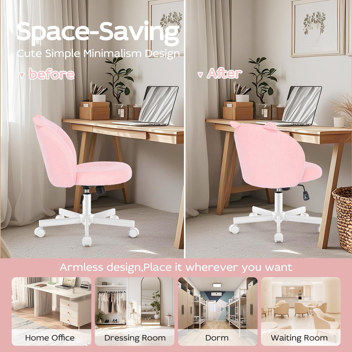 Morkprism Vanity Chair with Cat Back,Armless Desk Chair Cute Small Office Chair,Teddy Fabric Computer Chair with Adjustable Height,120°Tilting,Rolling,Swivel for Vanity,Kids Room,Office,Bedroom Pink