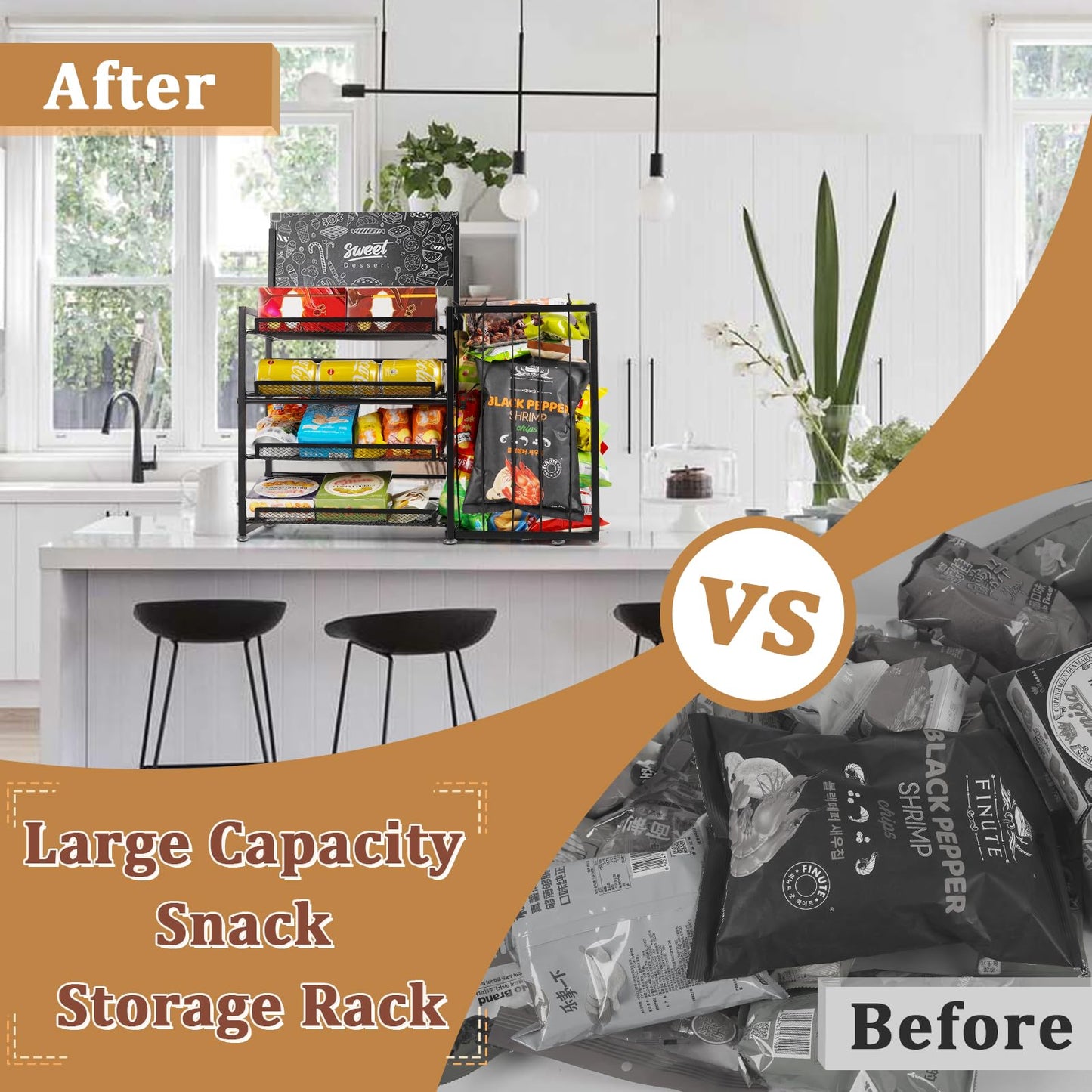 Bfttlity 4-Tier Snack Organizer for Countertop, Metal Candy Display Rack with Pull-Out Shelf, Chips Snack Display Holder for Counter with Baskets Frame for Kitchen Office Store Retail Display