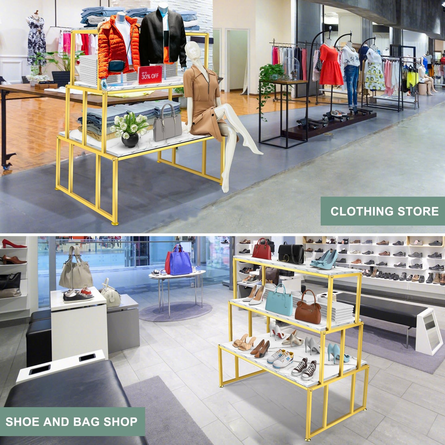 CIVANA Metal Shoe Handbag Display Table，3 Tier Heavy Duty Risers Display Stands，Modern Standing Display Riser Shelf for Retail Stores Vendor Events , Iron and Wood, Gold