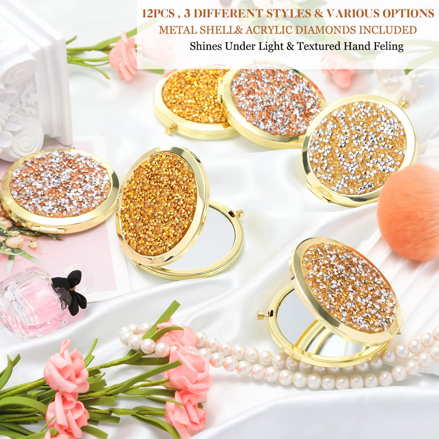 Cindeer 12 Pcs Small Compact Mirror Folding Pocket Makeup Round Hand Held Cosmetic Magnifying Compact Rhinestone Mirror with 1X/2X Magnification for Women Girls Travel (Stylish Colors)