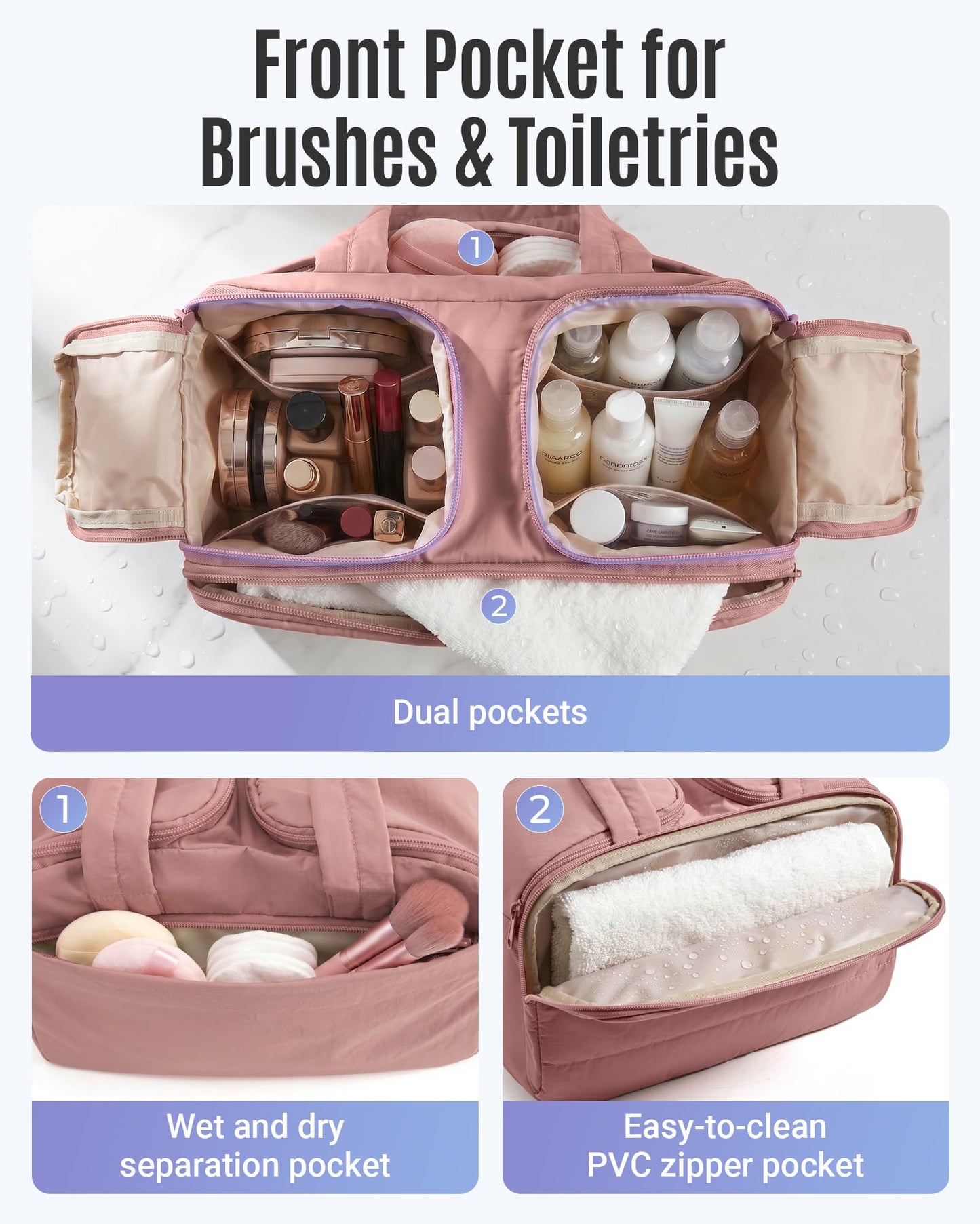 LIGHT FLIGHT Travel Toiletry Bag, Dual-Zip Compartments Travel Bag for Toiletries, Makeup Cosmetic Travel Bag with Handle, Brown