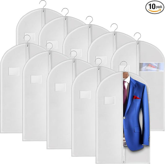 10 Pack 40-inch Garment Bags for Travel, Garment Bags for Hanging Clothes with Zipper and Visible Transparent Window, White