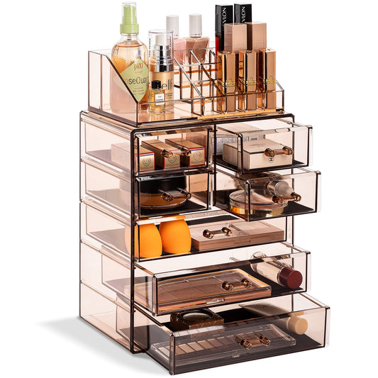 Sorbus Acrylic Makeup Organizer Set, 7-Drawer Vanity & Countertop Cosmetic Storage with Small & Wide Compartments, Bronze Glow Makeup Storage for Brushes, Jewelry – Holiday Gift for Women & Teens