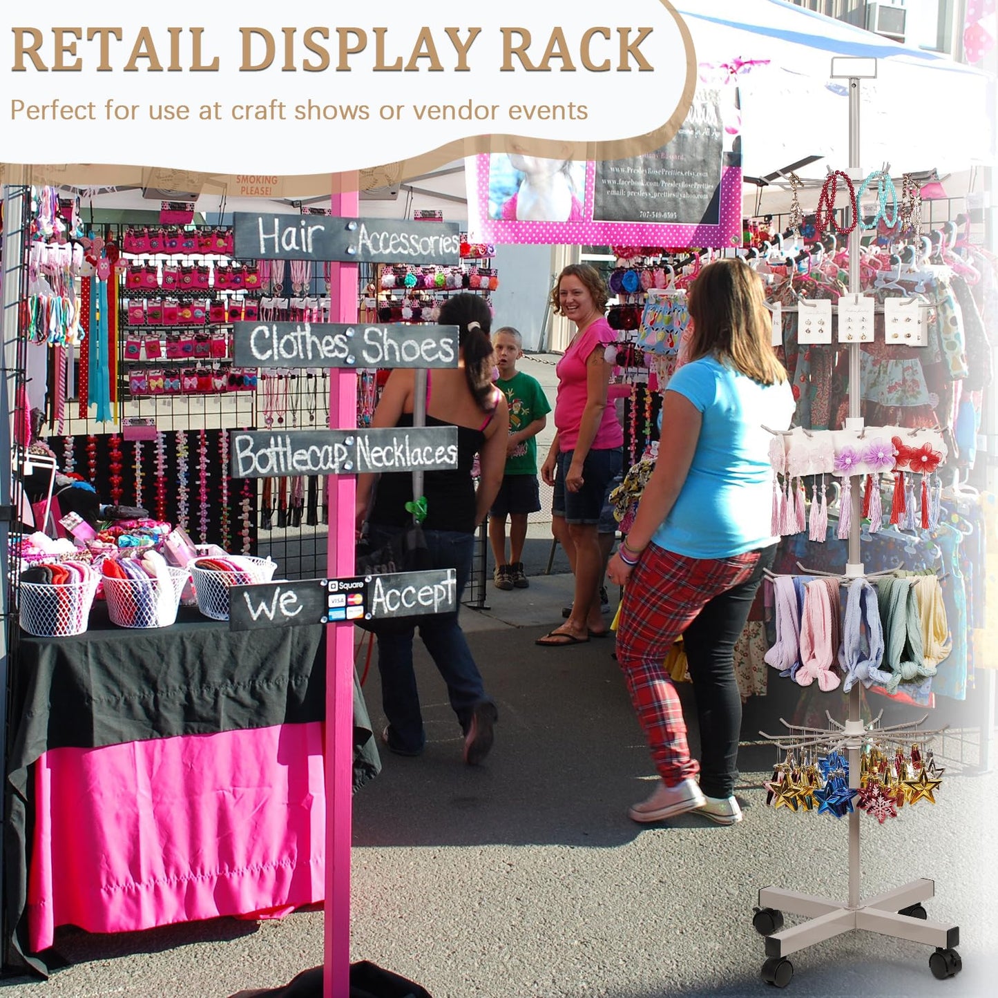 Exttlliy Retail Display Stand Store Display Rack 5 Tier Metal Spinning Display Stand Rack with Wheels Keychain Jewelry Stocking Hat Display Stand with Hooks for Malls, Showroom, Retail Store (Grey)