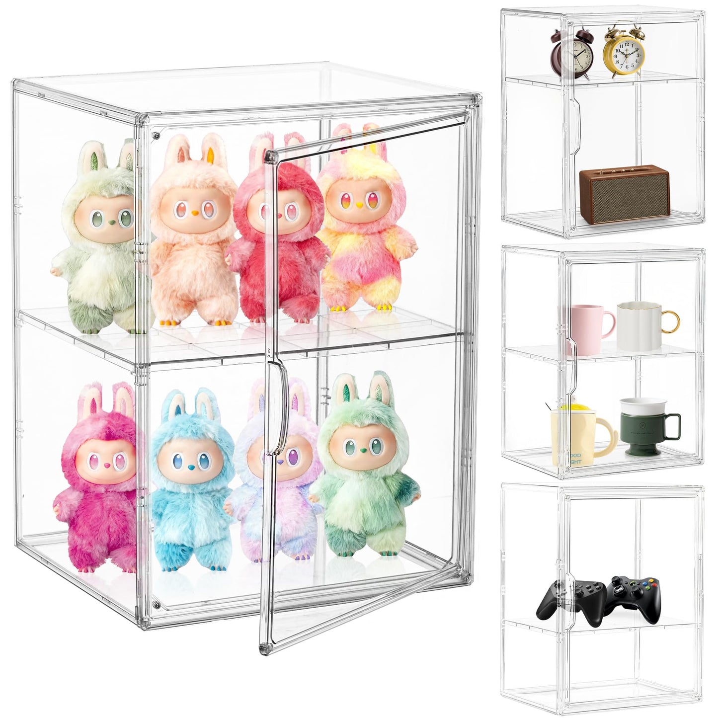 Attelite Acrylic Display Case for Collectibles, Clear Storage Bin with 3 Adjustable Layers, Stackable Storage Box with Magnetic Door for Figures, Home Office,Large,2 Tier Clear Storage Bin,4Pack