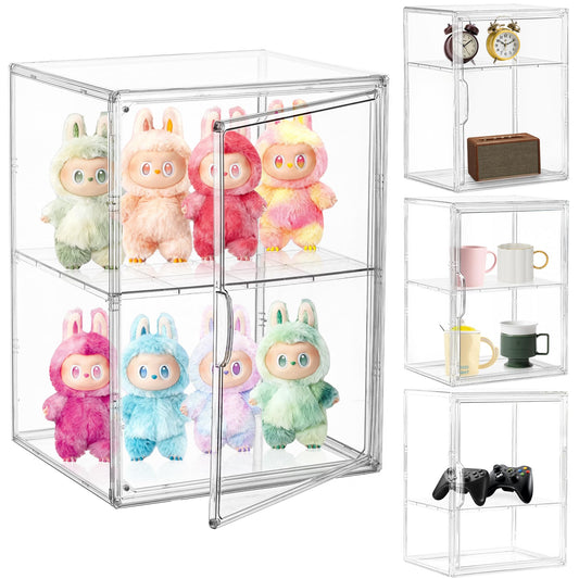 Attelite Acrylic Display Case for Collectibles, Clear Storage Bin with 3 Adjustable Layers, Stackable Storage Box with Magnetic Door for Figures, Home Office,Large,2 Tier Clear Storage Bin,4Pack