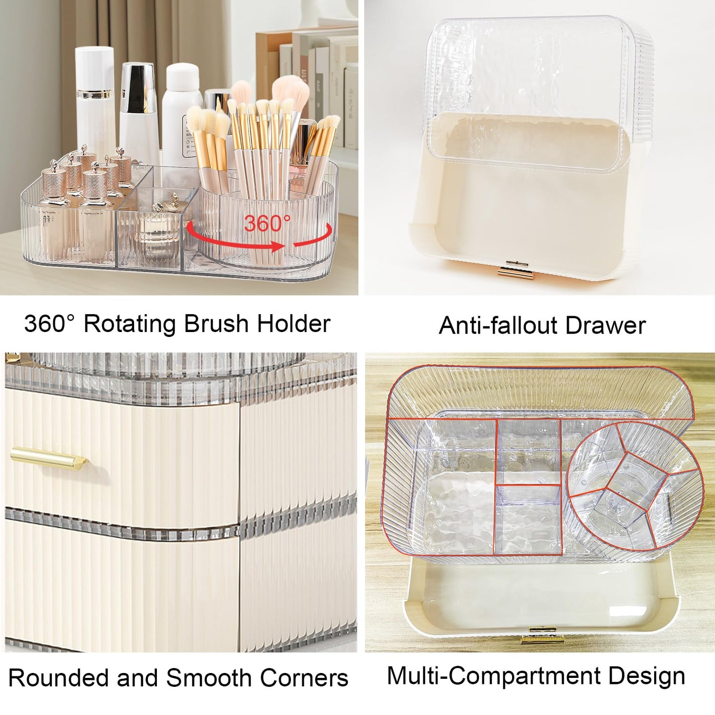 DASITON Makeup Organizer with Drawers and Rotating Makeup Brush Holder,Large Capacity Stackable Cosmetic Organizer Countertop,Bathroom Organizers and Storage,Make up Organizers for Vanity (Clear 03)