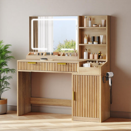 YITAHOME Large Makeup Vanity Desk with Mirror and Lights, Fluted Vanity Table with 2 Drawers & Adjustable Shelves, Makeup Mirror in 3 Modes Lighting, Dressing Table Set w/Charging Station, Oak