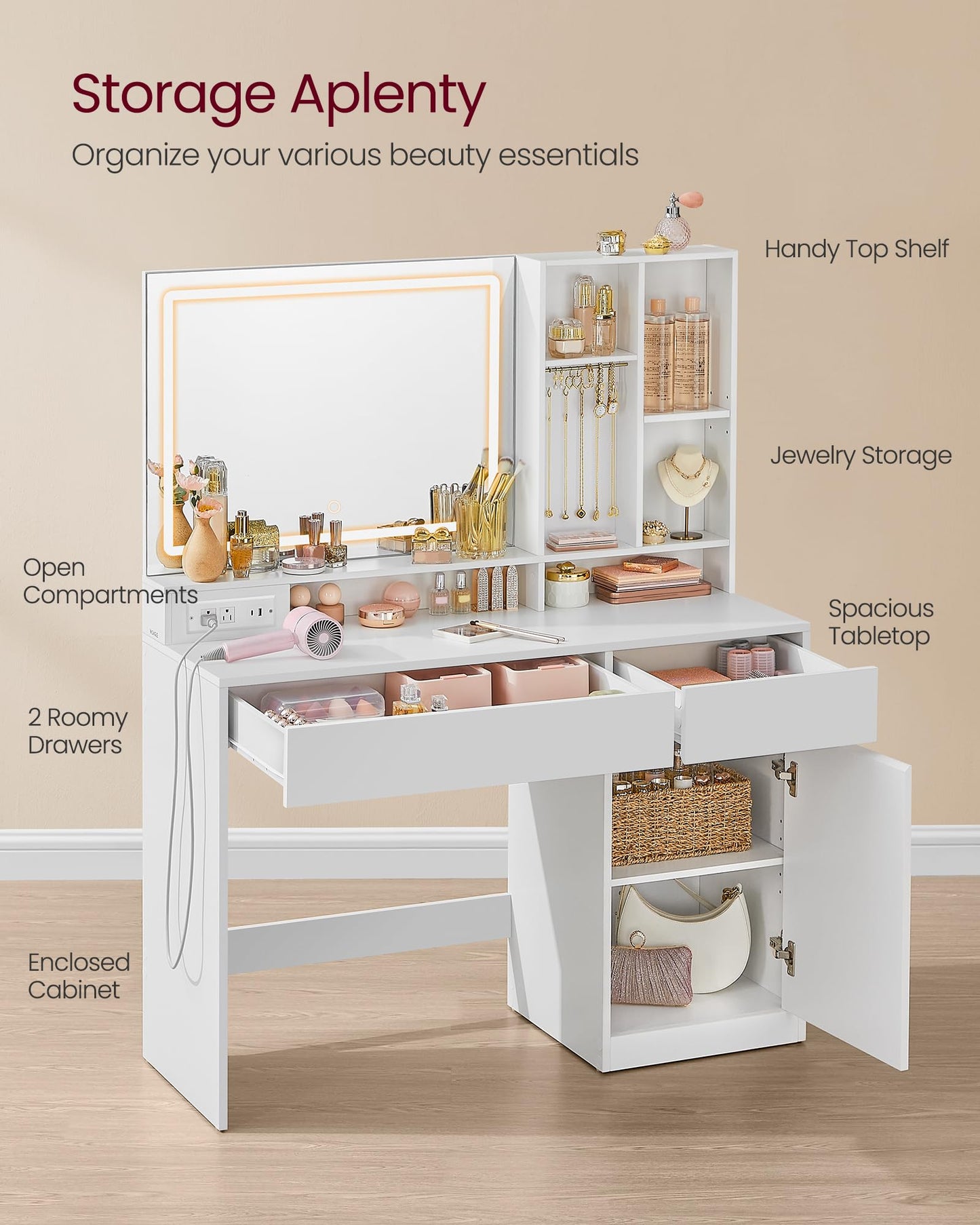 VASAGLE KAILYN Collection - 43.3-Inch Vanity Desk with Mirror and Lights, Power Outlets, Modern Vanity Table Set with Stool, Jewelry Storage, Adjustable Shelves, for Bedroom, Cloud White URDT632WB02S