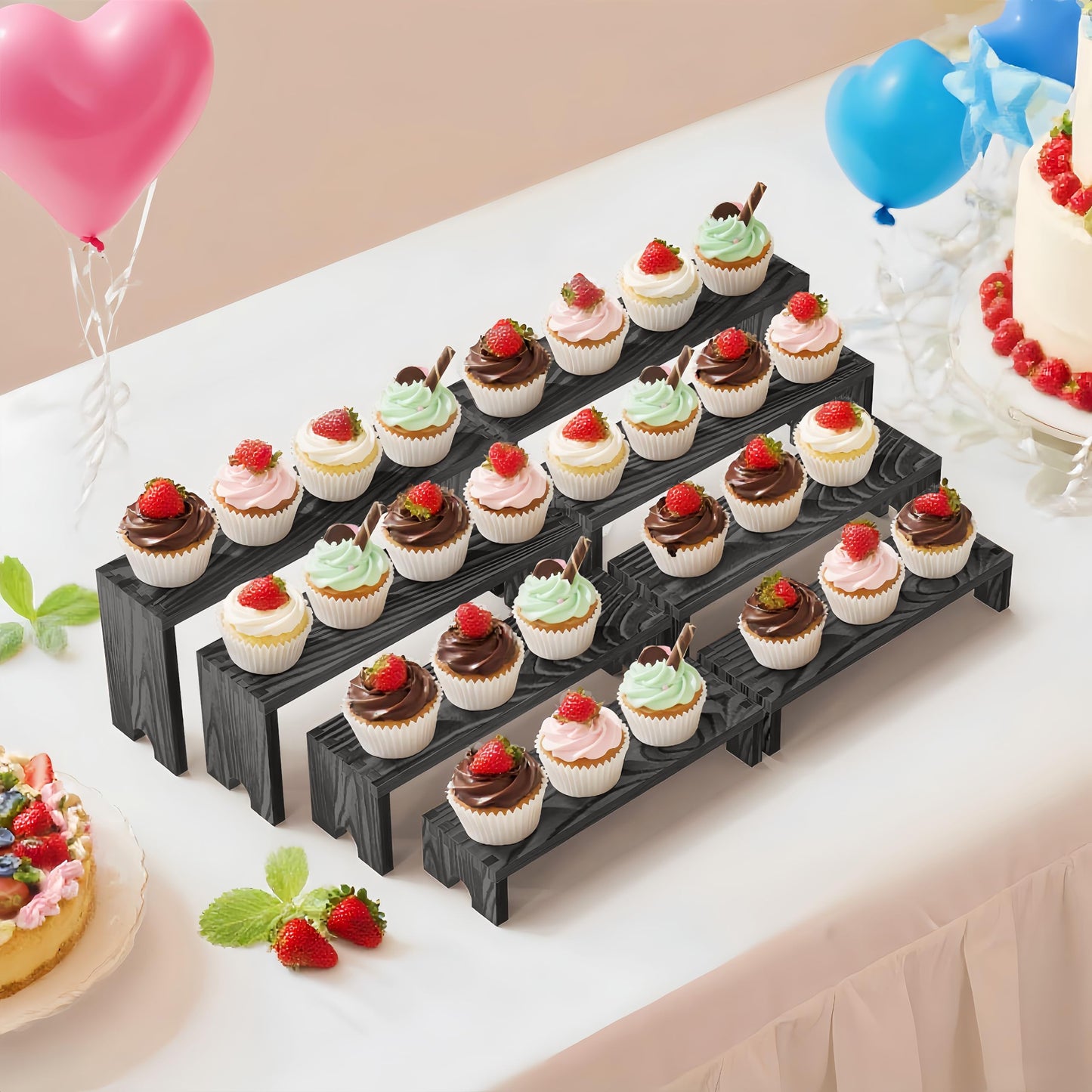 Large 2 Set wood tone Wooden Tiered Display Stands 4 Tier Stackable Pine Wood Display Risers, Suitable for Vendor Events, Cupcake Stands, cake stand Wooden Dessert Table Sets, Vendor Booth Displays,Cosmetic & Perfume Display Tools, Kitchen Spice Storage,