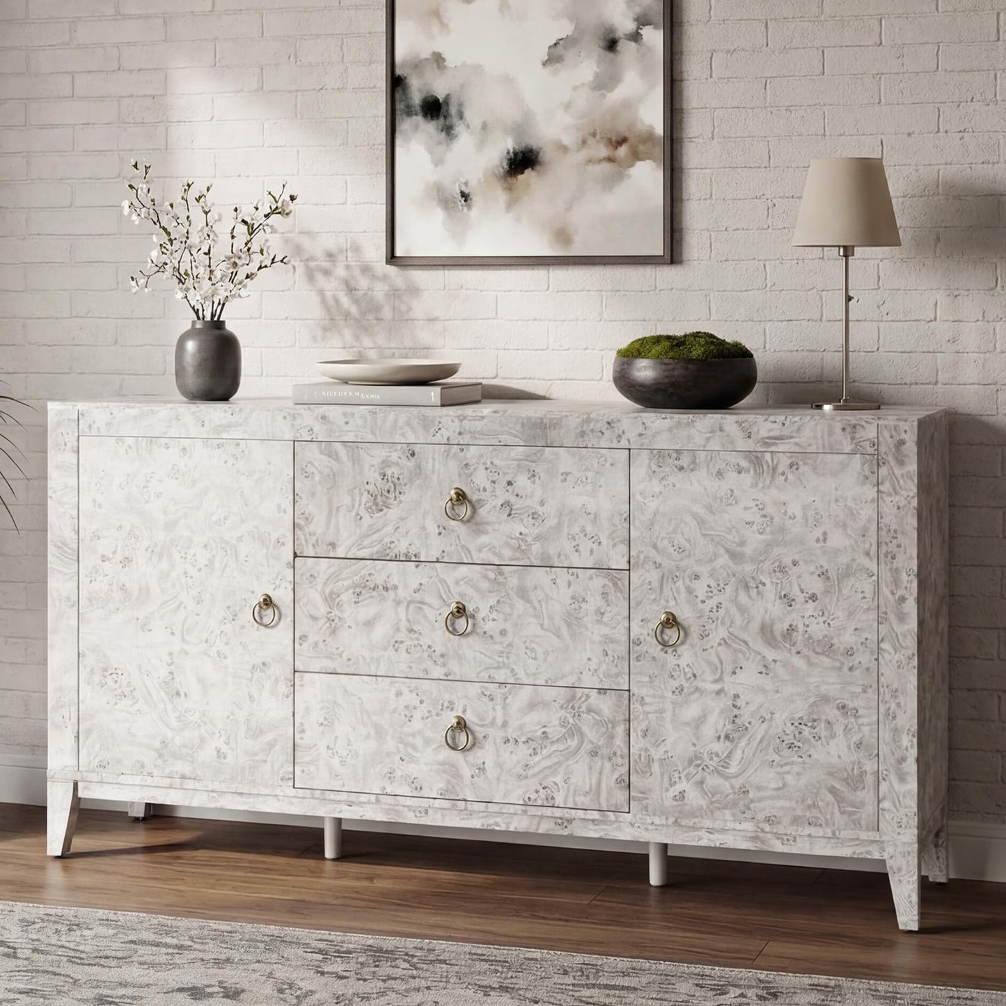 AMERLIFE 60" High Gloss Burl Buffet Sideboard Storage Cabinet, Large Wood Sideboard with Drawers, Retro Handles, Heavy Duty Coffee Wine Bar Buffet Table for Dining Room, Living Room, Grey
