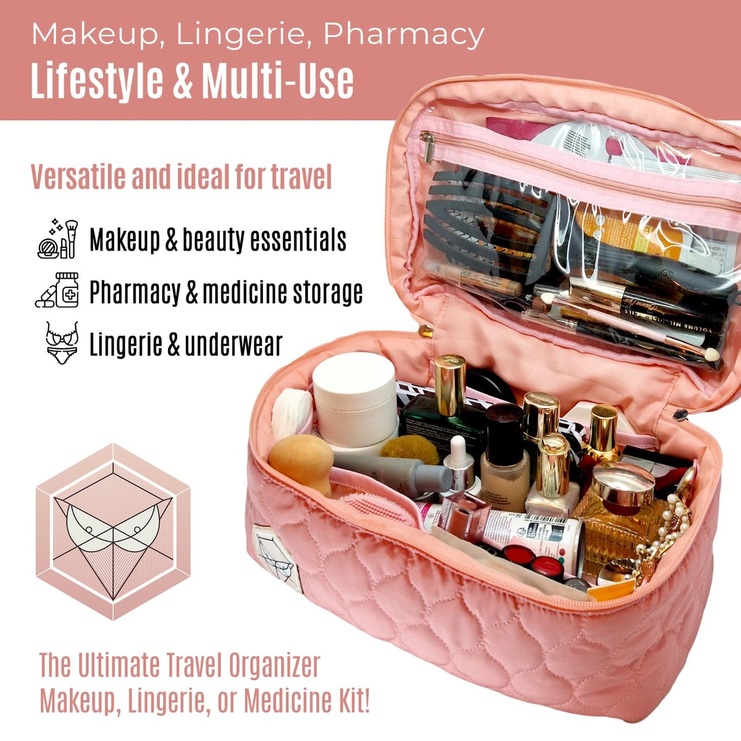 PINK PROTECT XL Quilted Makeup Bag Set of 2 - Extra Large Makeup Bag + Toiletry Bag for Women, Waterproof & Lightweight Cotton with Multiple Compartments, Perfect for Travel, Premium Stitching (Pink)