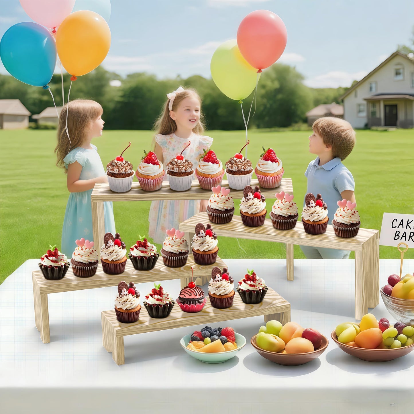 Large 4 Set wood tone Wooden Tiered Display Stands 4 Tier Stackable Pine Wood Display Risers, Suitable for Vendor Events, Cupcake Stands, cake stand Wooden Dessert Table Sets, Vendor Booth Displays,Cosmetic & Perfume Display Tools, Kitchen Spice Storage,