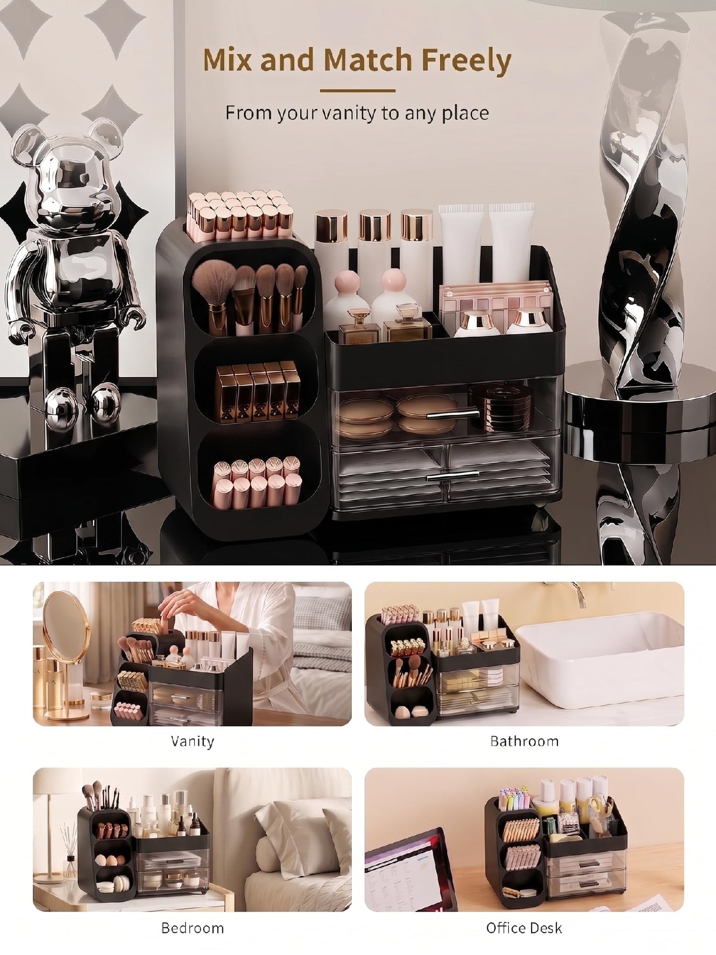 Booklov Makeup Organizer for Vanity, Large Capacity Cosmetic Display Case with Drawers, Countertop Beauty Storage Holder for Skincare, Brush Eyeliner Perfume Eyeshadow Lipsticks, Counter Desk, Black