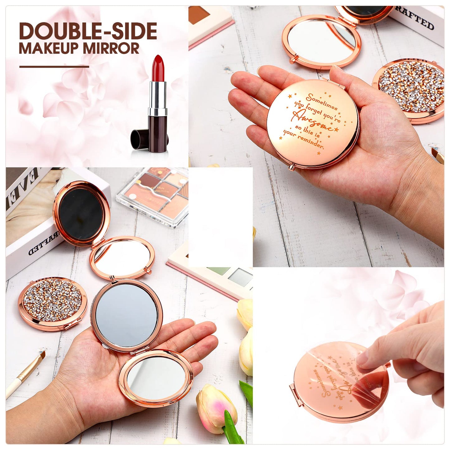 Roowest 10 Pcs Compact Mirror Gifts for Women Sometimes You Forget Your Awesome Bulk Appreciation Party Favors for Employee Coworker Friends Birthday Spa Christmas Inspirational Stuffers (Rose Gold)