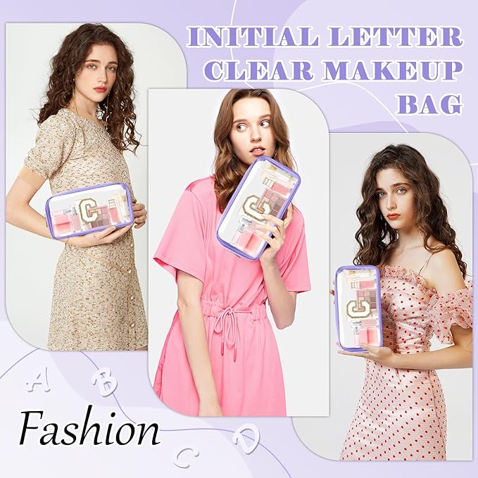 Personalized Initial Letter Clear Makeup Bag,Preppy Small Nylon&PVC Cosmetic Zipper Bag with Chenille Letter,Travel Skincare Toiletry Bag,Monogram Christmas Gift for Teen Girls Women,C